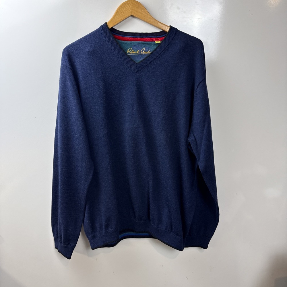 Robert Graham 100% Wool V Neck Long Sleeve Pullover Sweater Men's 2XL Blue Soft
